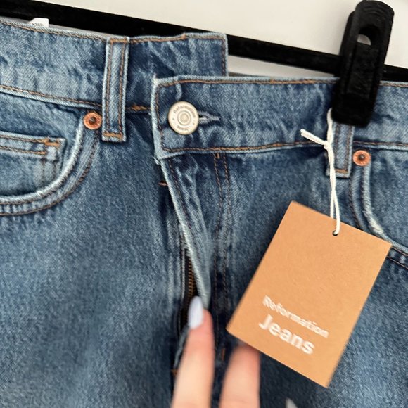 Reformation Jeans Ellie Asymmetric Denim Mini Skirt Raw Hem Size 27 - Picture 5 of 10